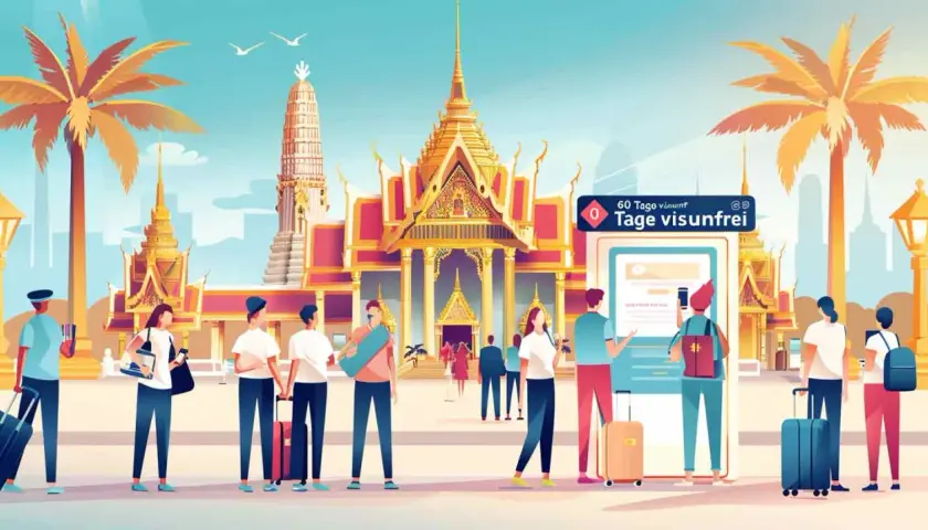 Touristen freuen sich auf Thailand 60 Tage ohne Visum. Palmen, Tempel und ein Willkommensbildschirm.