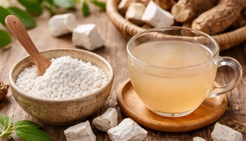 Polvere bianca in una ciotola e una tazza di bevanda chiara, ingredienti naturali per il reflusso.