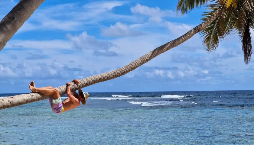 Mężczyzna w kapeluszu wisi na palmie nad turkusową wodą. Idealny dzień na plaży w Laguna Beach.