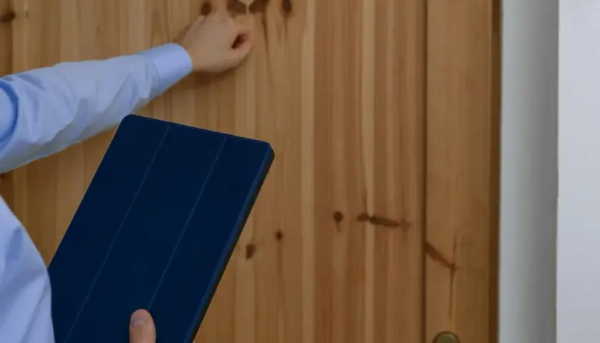 Ręka puka do drzwi, trzymając tablet. Może to być właściciel, który ma problem, bo lokator nie chce się wyprowadzić po zakończeniu umowy.