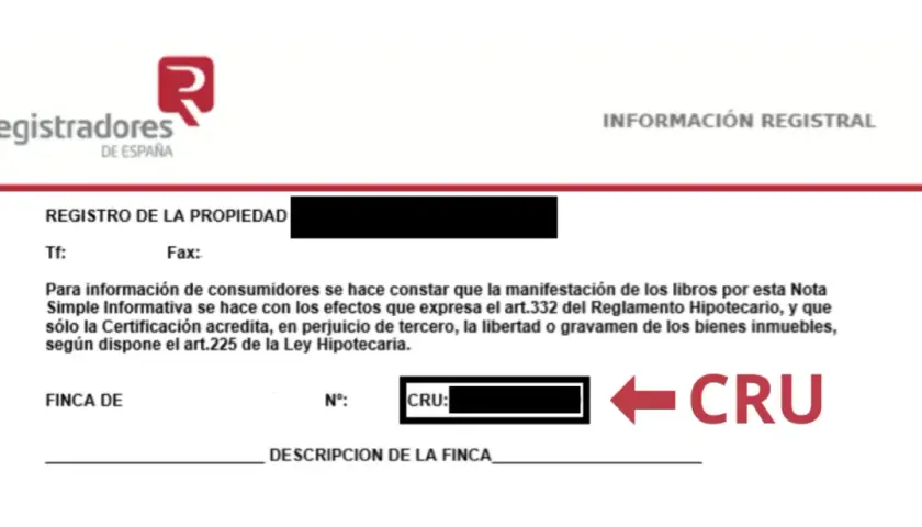 Documento del Registro de la Propiedad con información sobre una finca. Se indica el CRU, que es un código identificador.