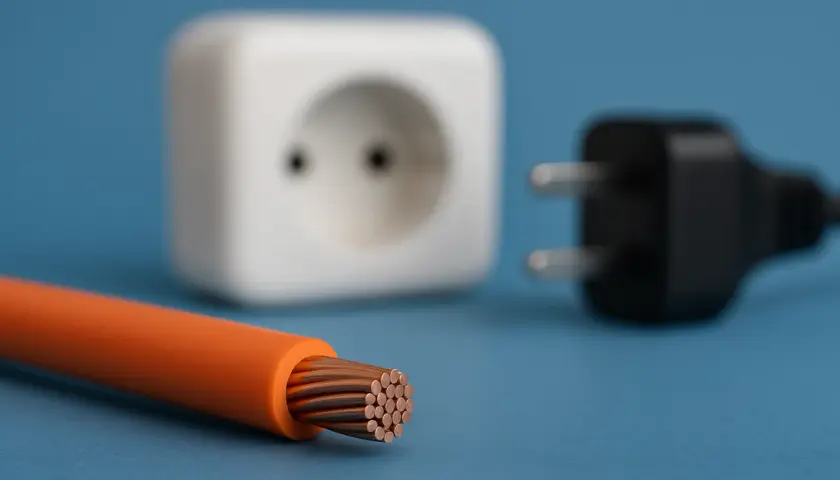Pomarańczowy kabel z odsłoniętymi miedzianymi żyłami, białe gniazdko i czarna wtyczka. Czy plastik przewodzi prąd? Nie, izoluje.