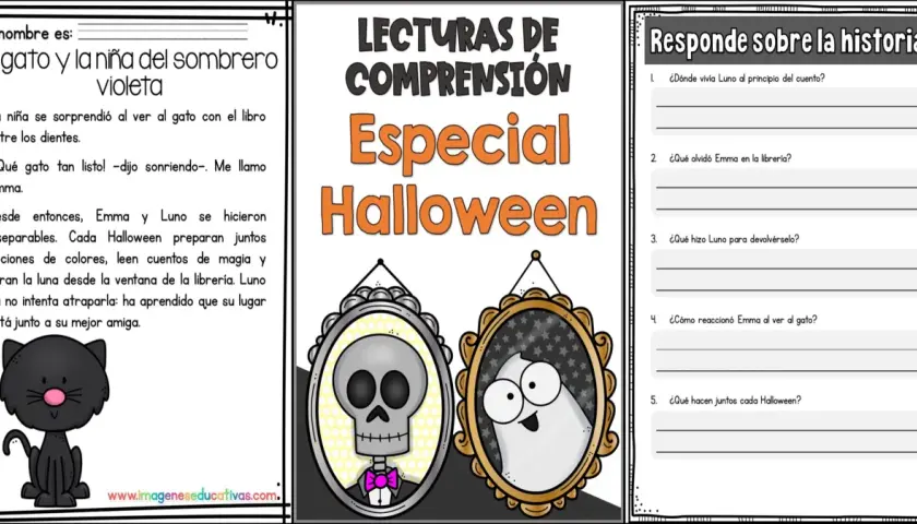 Un gato negro y una niña celebran Halloween. Actividad de comprensión lectora con preguntas sobre la historia de Emma y Luno.