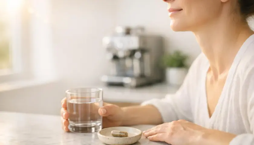 Donna con bicchiere d'acqua e capsula di ashwagandha. Il momento giusto per assumerla? Scopri quando prenderla per massimizzare i benefici.
