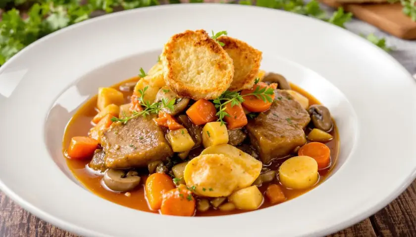 Un plat réconfortant de veau marengo, mijoté avec des carottes, des pommes de terre et des champignons, garni de croûtons croustillants.