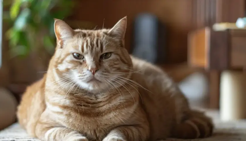 Puszysty rudy kot leży na dywanie, zastanawiając się, jak odchudzić kota, by znów był zwinnym łowcą.
