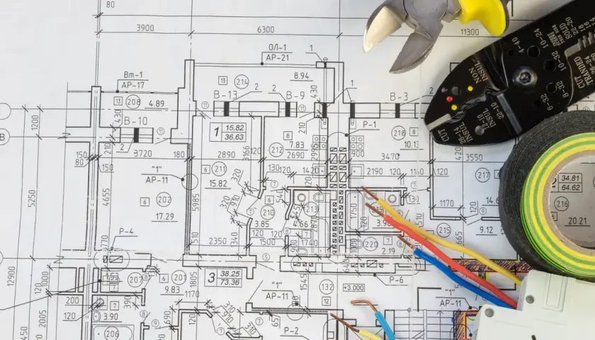 Na schemacie elektrycznym widać narzędzia, taśmę izolacyjną i przewody. Kabel uziemienia ma kolor żółto-zielony.