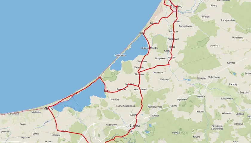 Mapa z zaznaczoną trasą z Koszalina do Mielna. Trasa prowadzi przez Darłowo i wzdłuż wybrzeża.