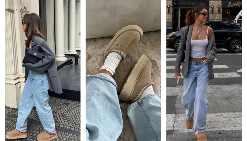 Trois looks pour savoir comment porter des mules UGG avec style : jean large, blazer et sac chic, ou chaussettes douillettes pour un confort maximal.
