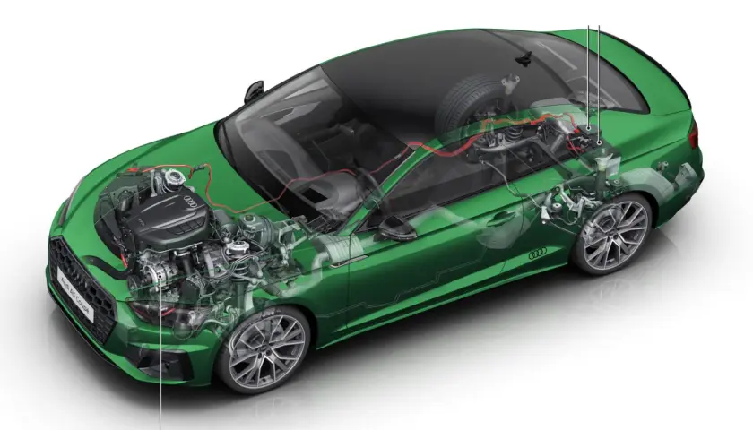 Przekrój zielonego Audi A5 Coupé ukazujący silnik, układ napędowy i elementy zawieszenia. To przykład miękkiej hybrydy, gdzie technologia wspiera tradycyjny silnik.