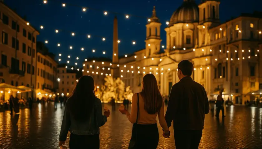 Passeggiata serale a Roma, con luci soffuse che illuminano la piazza e un'atmosfera magica.