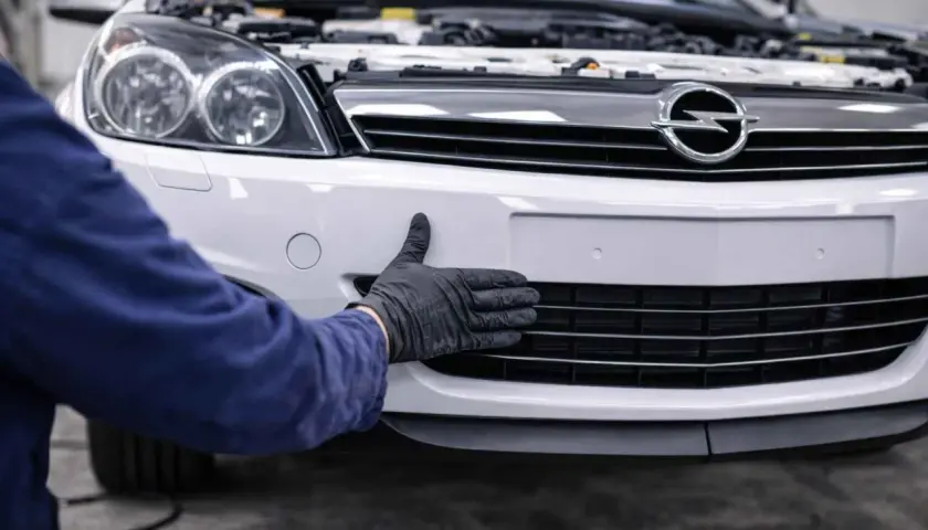 Mechanik w czarnej rękawiczce sprawdza stan zderzaka Opel Astra G.