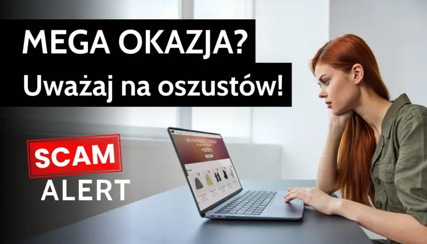 Kobieta patrzy na laptopa z ofertą "Black Friday -80%". Napisy "MEGA OKAZJA? Uważaj na oszustów!" i "SCAM ALERT" ostrzegają przed oszustwami w promocji elektronicznej.