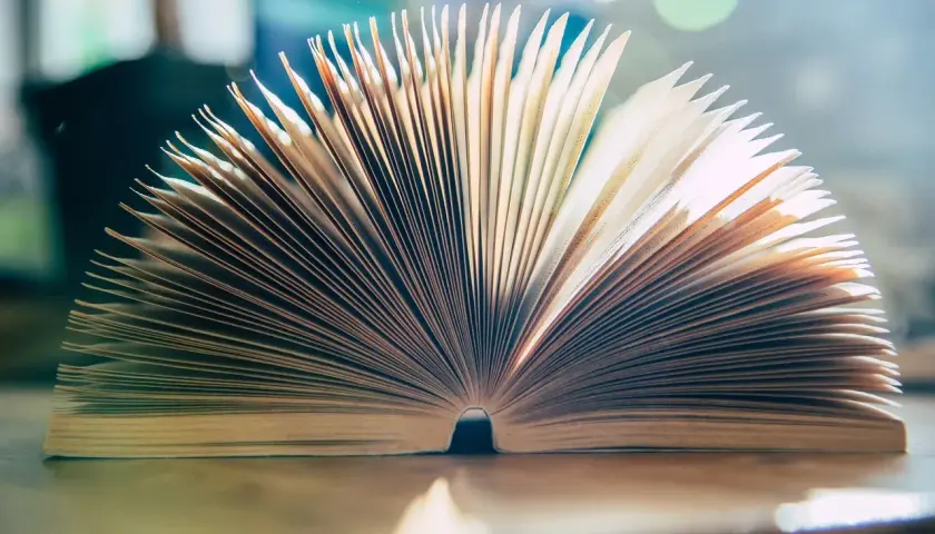 Rozłożona książka, jak strony opowieści o objawach wyobcowania u bohaterów literatury emigracyjnej i wygnania.