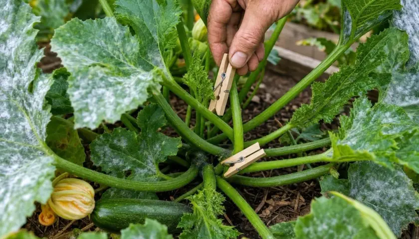 Main d'un jardinier plaçant des pinces à linge sur une courgette atteinte d'oidium. Les feuilles sont couvertes d'une poudre blanche.