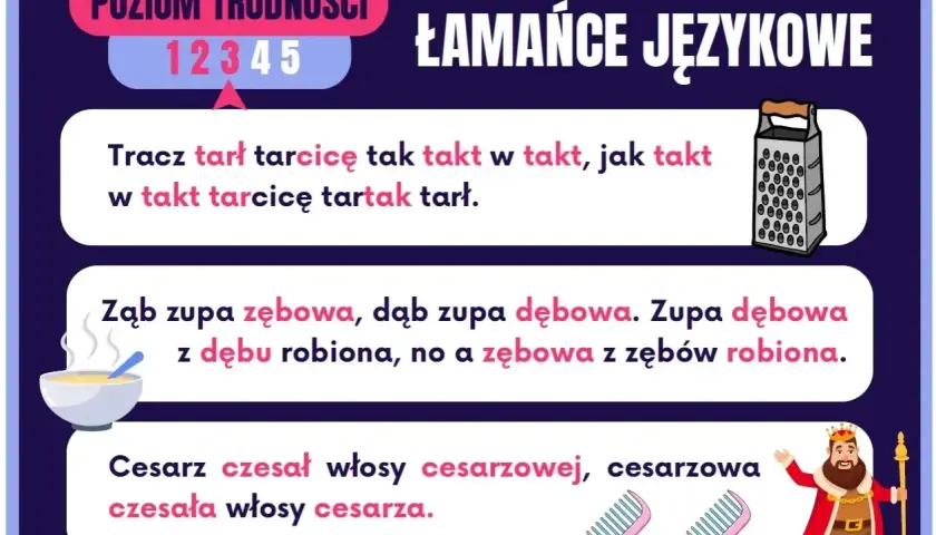 Ćwiczenia językowe: Tracz tarł tarcicę, zupa dębowa, cesarz czesał włosy. Poziom trudności 1-5.