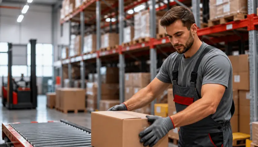 Ein Mann in Arbeitskleidung sortiert Pakete in einem Lager. Seine Hände, geschützt durch Handschuhe, greifen nach einem Karton auf einem Förderband. Dies ist typische Logistik Arbeit.