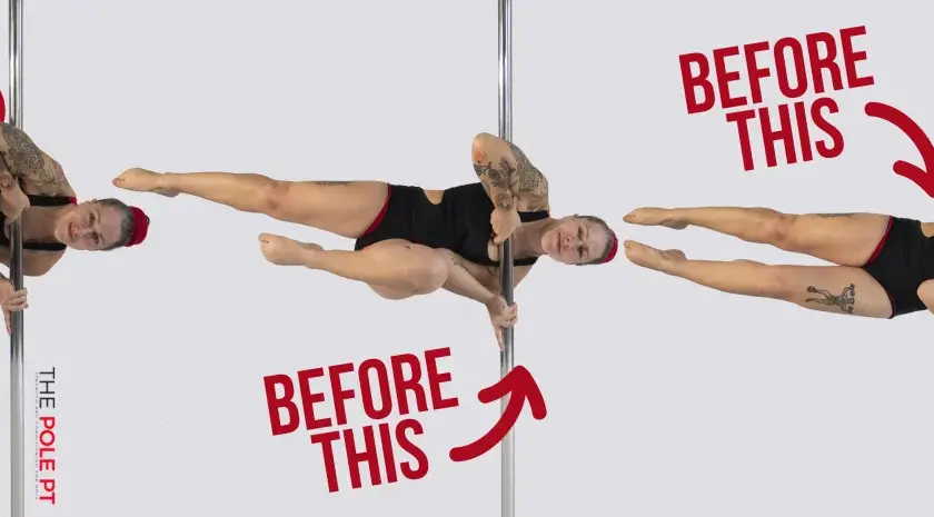 Kobieta wykonuje figury na drążku. Pokazuje progres w **iron pole dance** od trudniejszej pozycji do łatwiejszej.