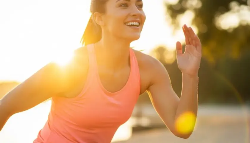 Mujer sonriente corriendo al atardecer, un secreto para como mantenerse joven es la actividad física y disfrutar del sol.