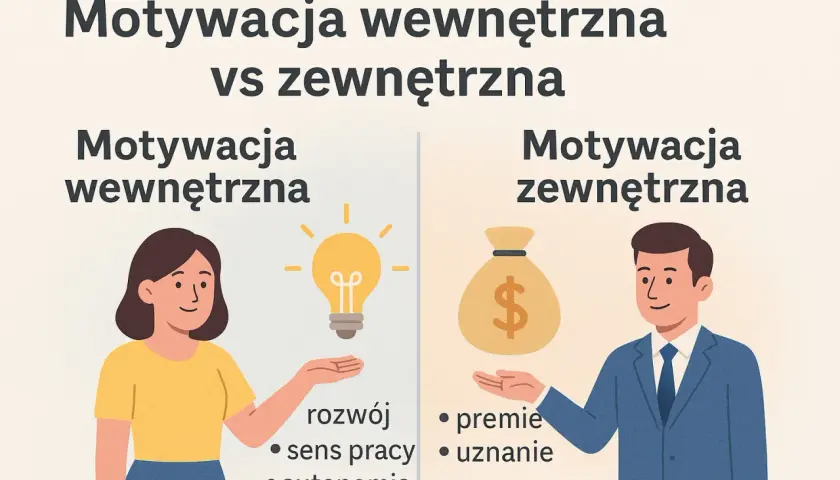 Ilustracja porównuje motywację wewnętrzną (kobieta z żarówką: rozwój, sens pracy, autonomia) i zewnętrzną (mężczyzna z workiem pieniędzy: premie, uznanie, awanse) jako sposoby motywowania pracowników.