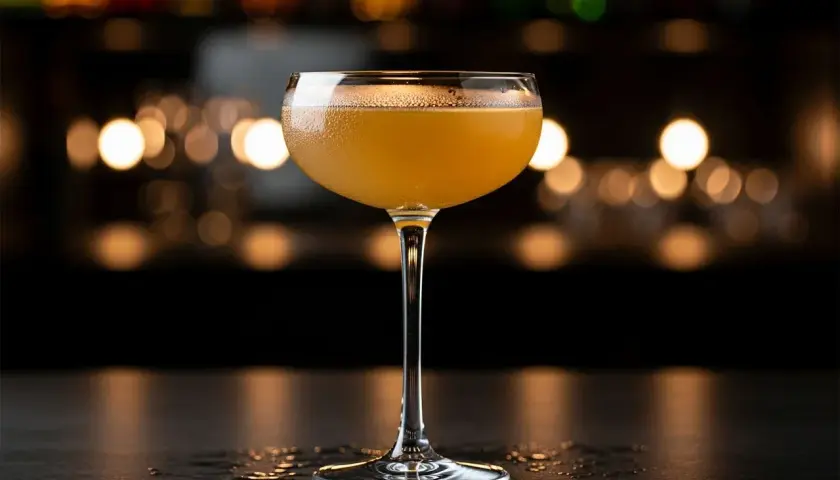 En gyllene alkoholfri margarita i ett elegant glas, med en mjukt suddig bakgrund av barbelysning.