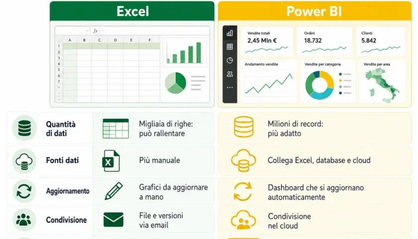 Confronto tra Excel e Power BI: gestione dati, grafici e dashboard interattive per analisi avanzate.