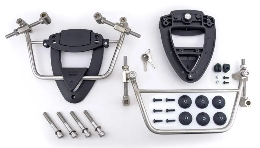 Kit completo per il supporto borse laterali moto, con staffe in metallo, piastre nere e viteria.