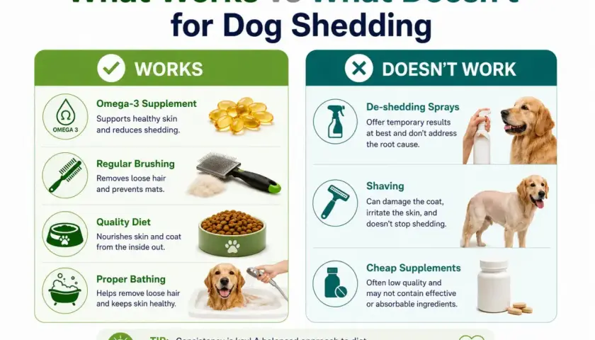 Learn why is my dog shedding so much. This infographic shows what works (Omega-3, brushing, diet, bathing) vs. what doesn't (sprays, shaving, cheap supplements).