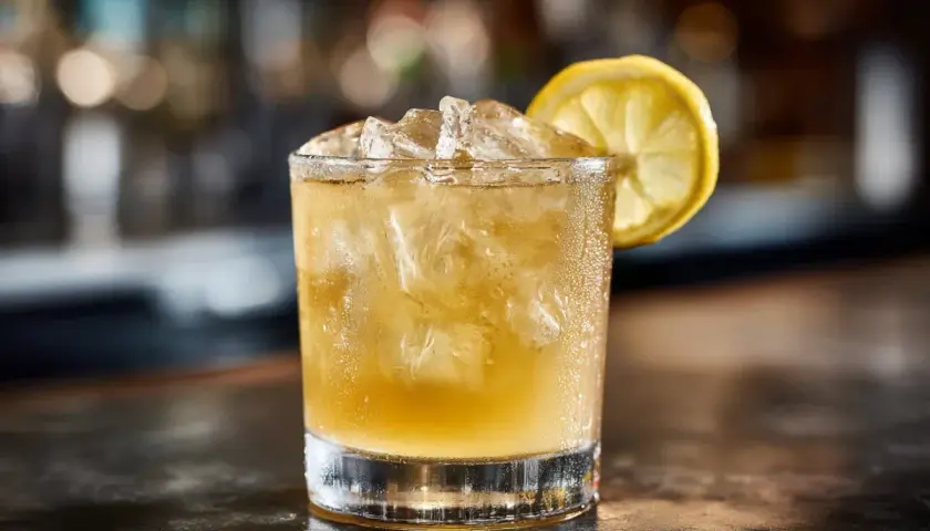 En kyld whisky sour med is och en citronskiva, redo att avnjutas.