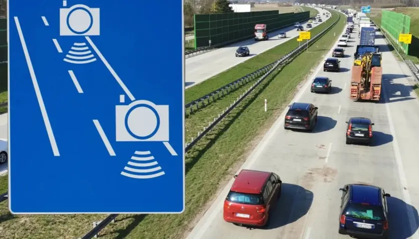 Znak informuje o odcinkowym pomiarze prędkości na A1. Uważaj na kamery!