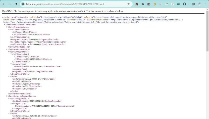 Dettagli di una fattura elettronica in formato XML, con informazioni su mittente, cessionario e dati anagrafici. L'estensione xml è fondamentale per la trasmissione.
