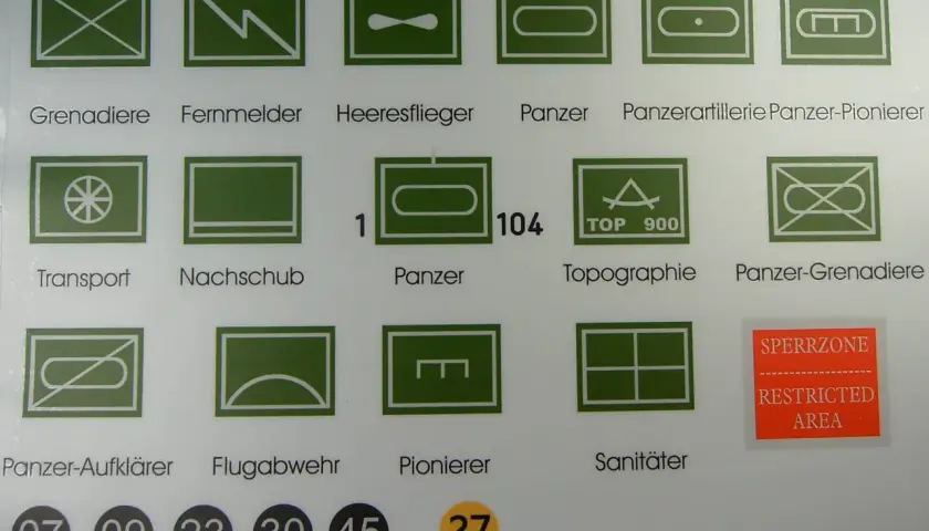 Zestawienie znaków taktycznych PSP: grenadierzy, łączność, lotnictwo, czołgi, artyleria, saperzy, transport, zaopatrzenie, rozpoznanie, obrona przeciwlotnicza, sanitariusze.