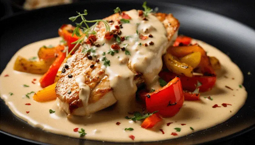 En saftig kycklingfilé med krämig pepparsås och rostade grönsaker. Ett perfekt pepparsås recept för en lyxig middag.
