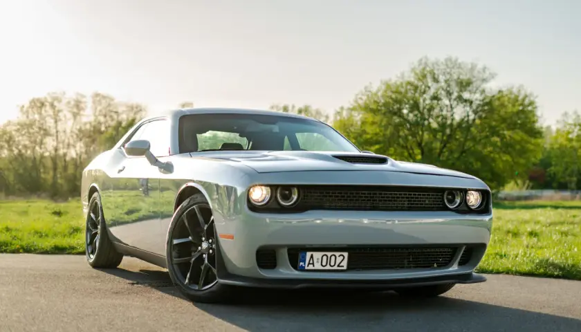 Srebrny Dodge Challenger 5.7 Hemi z czarnymi felgami na tle zielonej łąki i drzew.