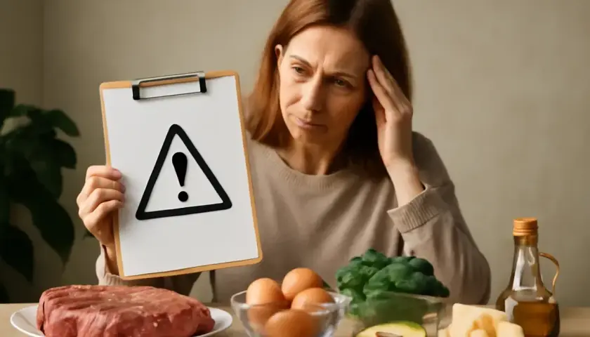 Donna preoccupata tiene un cartello con punto esclamativo, circondata da cibi. Forse è ora di non mangiare carne.