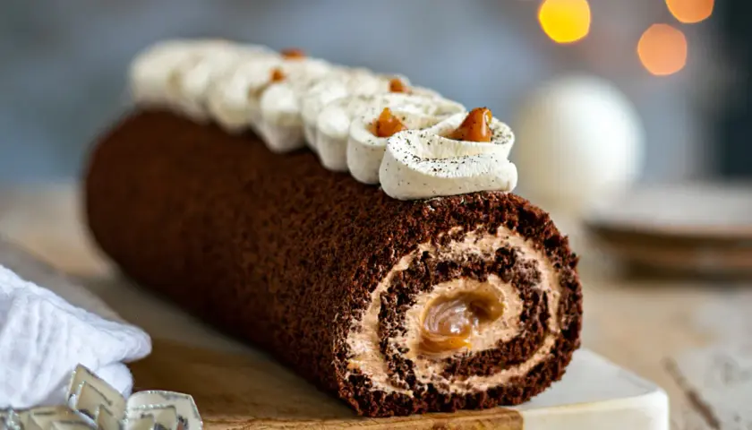 Une délicieuse buche chocolat au lait, roulée et garnie de crème onctueuse, prête à être dégustée.