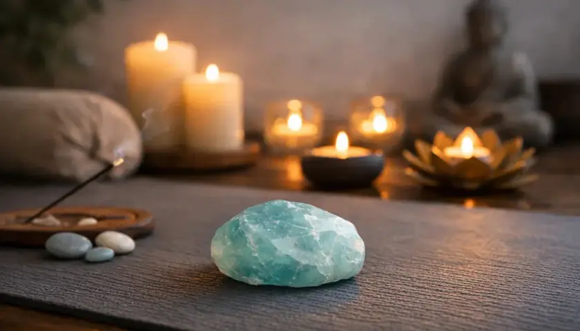 Piedra aguamarina, velas encendidas y figura de Buda. El significado espiritual de la piedra aguamarina se asocia con la calma y la comunicación.