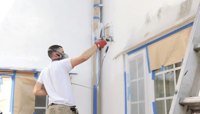 Uomo con maschera protettiva e guanti rossi esegue pittura a spruzzo su una facciata esterna, proteggendo finestre e tubi con nastro adesivo.