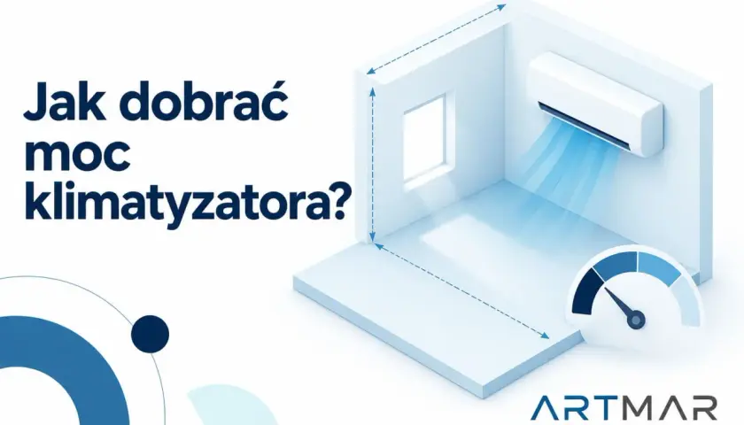 Jak dobrać moc klimatyzatora? Schemat pokazuje pomieszczenie z jednostką klimatyzacyjną i wskaźnik mocy.