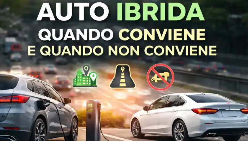 Auto ibrida: quando conviene e quando no. Il **full hybrid significato** è spiegato con icone: città, strada, divieto di accesso.