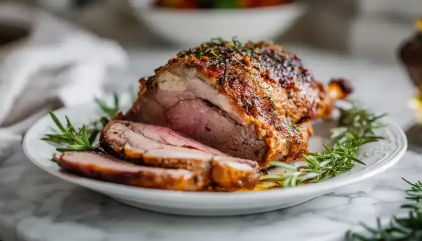 Un gigot d'agneau rôti, tranché et servi sur une assiette ornée de romarin frais. La viande est rosée et la croûte dorée et savoureuse.