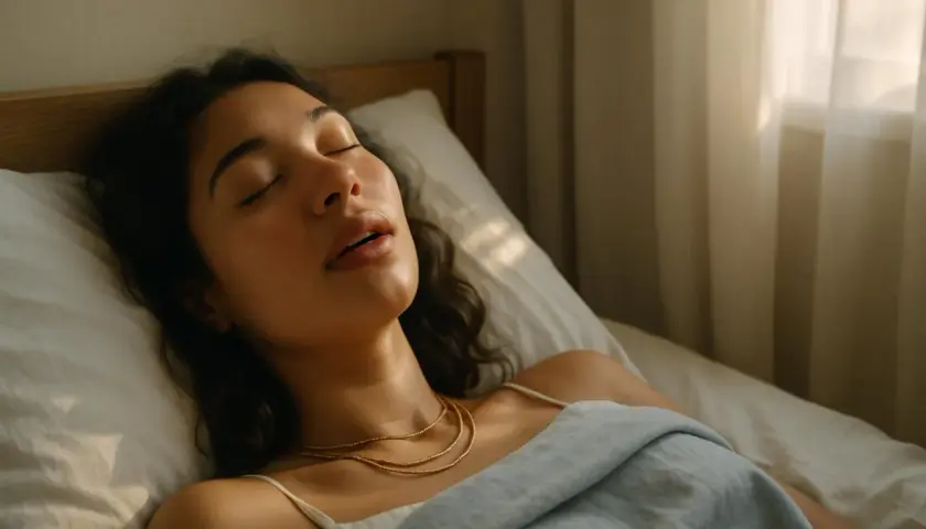 Una giovane donna dorme profondamente, con la bocca aperta e un leggero accenno di sbavare, avvolta in un lenzuolo azzurro.