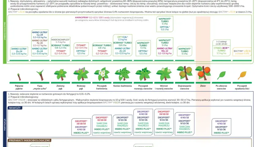 Schemat nawożenia jabłoni: etapy rozwoju drzewa, stosowane nawozy i preparaty mikrobiologiczne.