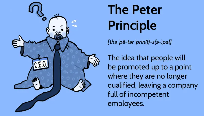 A baby in a CEO suit and tie, looking confused. The Peter Principle refers to people being promoted beyond their competence.