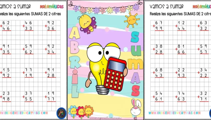 Hoja de sumas de dos cifras con dibujos infantiles y una calculadora.