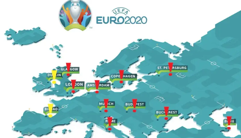Mapa Europy z zaznaczonymi miastami, gdzie było Euro 2020: Londyn, Glasgow, Dublin, Amsterdam, Kopenhaga, Petersburg, Monachium, Budapeszt, Bukareszt, Baku, Bilbao i Rzym.