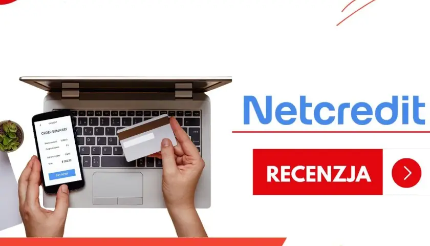 Ręce trzymają kartę i telefon z podsumowaniem zamówienia. Logo Netcredit i przycisk "Recenzja" sugerują szybkie zakupy online.