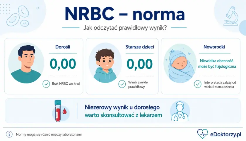 NRBC - norma: u dorosłych i starszych dzieci wynik 0,00 jest prawidłowy. U noworodków niewielka obecność może być fizjologiczna.