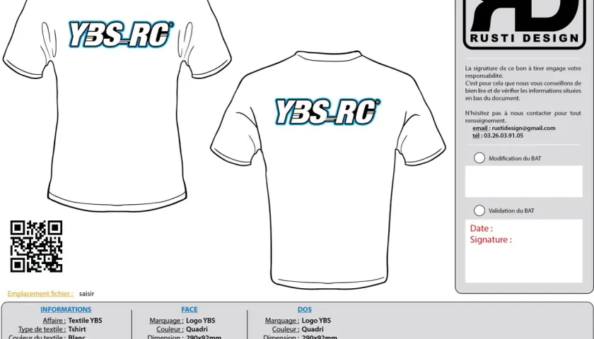 Modèle de bon à tirer gratuit pour un t-shirt blanc avec logo YBS-RC. Détails des marquages face et dos.
