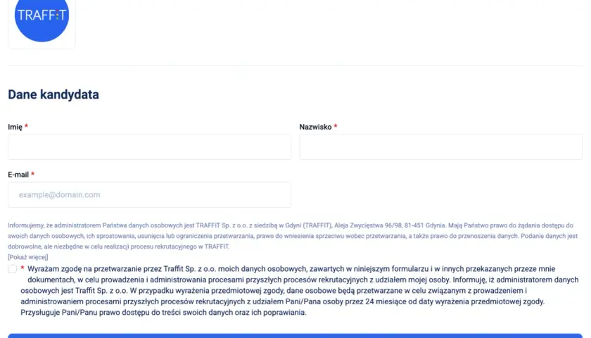 Formularz rekrutacyjny z polami na dane kandydata i klauzulą RODO.